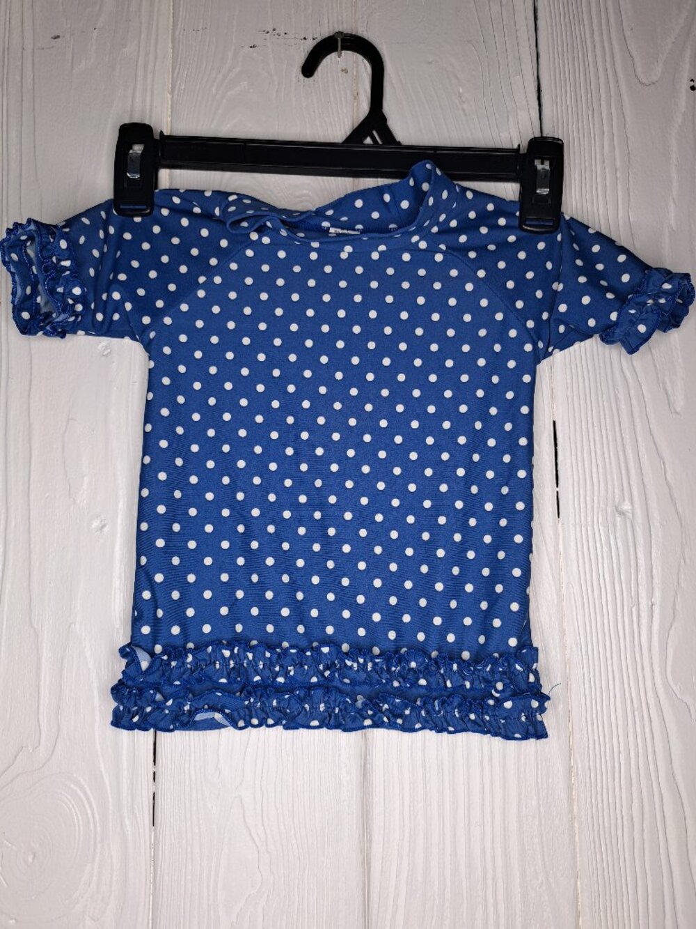 RuffleButts navy blue and white polka dot swim top rashguard size 2T